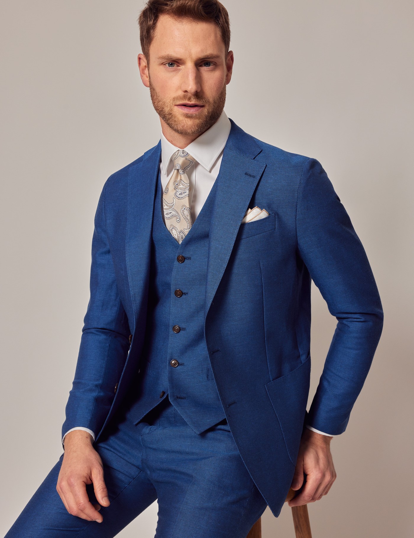 Men’s Royal Blue 3 Piece Italian Cotton Linen Slim Fit Suit - 1913 ...