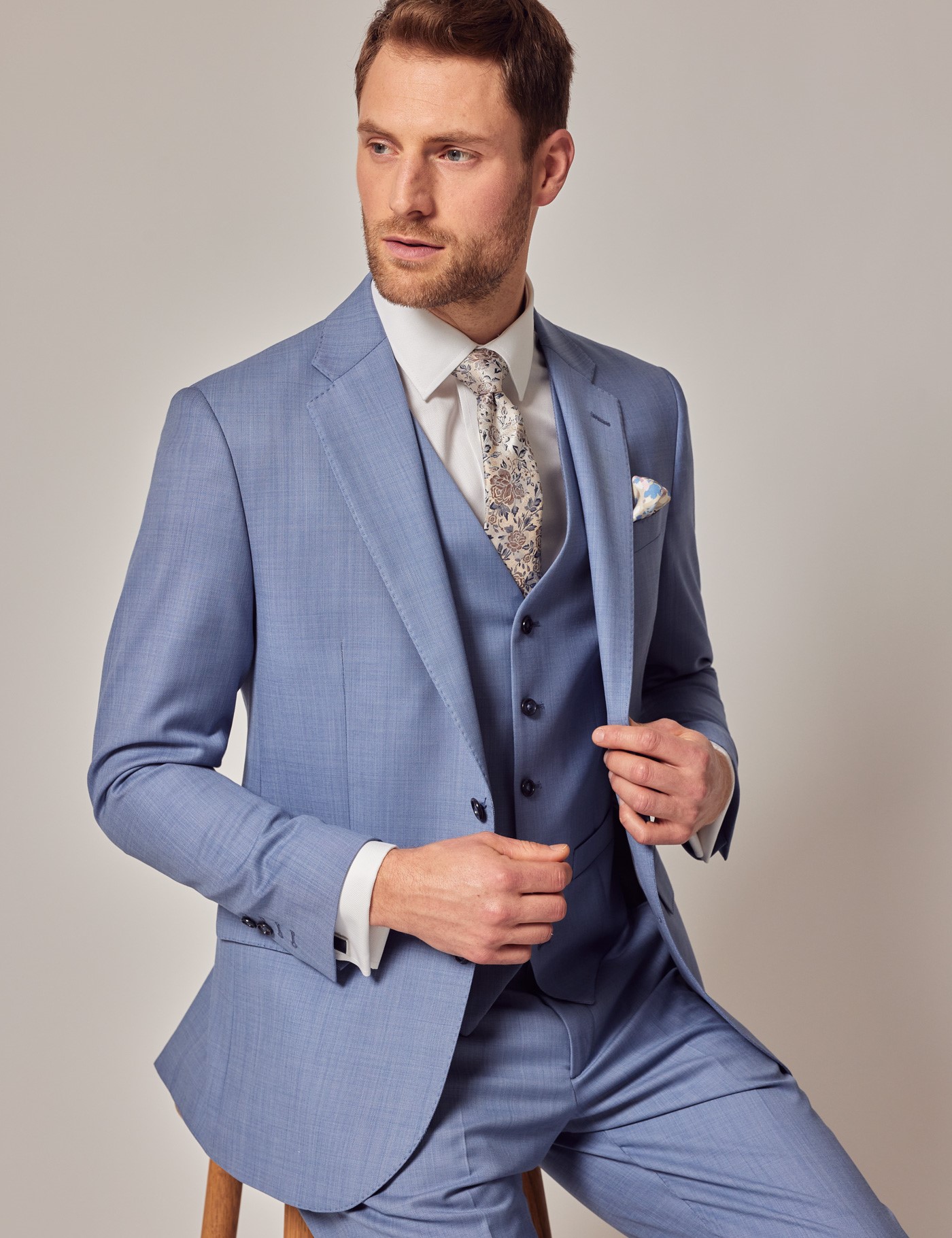 100% Wool Men’s Light Blue Tailored Fit Sharkskin 3 Piece Italian Suit ...