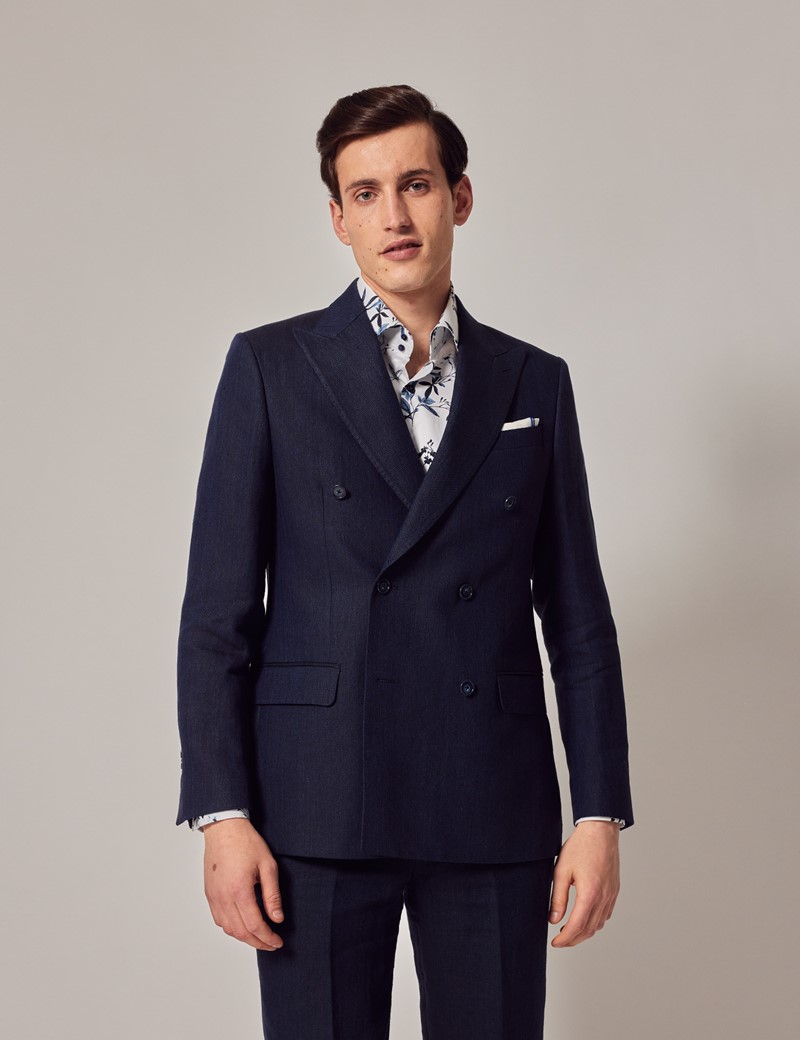 Men's Navy Herringbone 2 Piece Linen Tailored Italian Suit