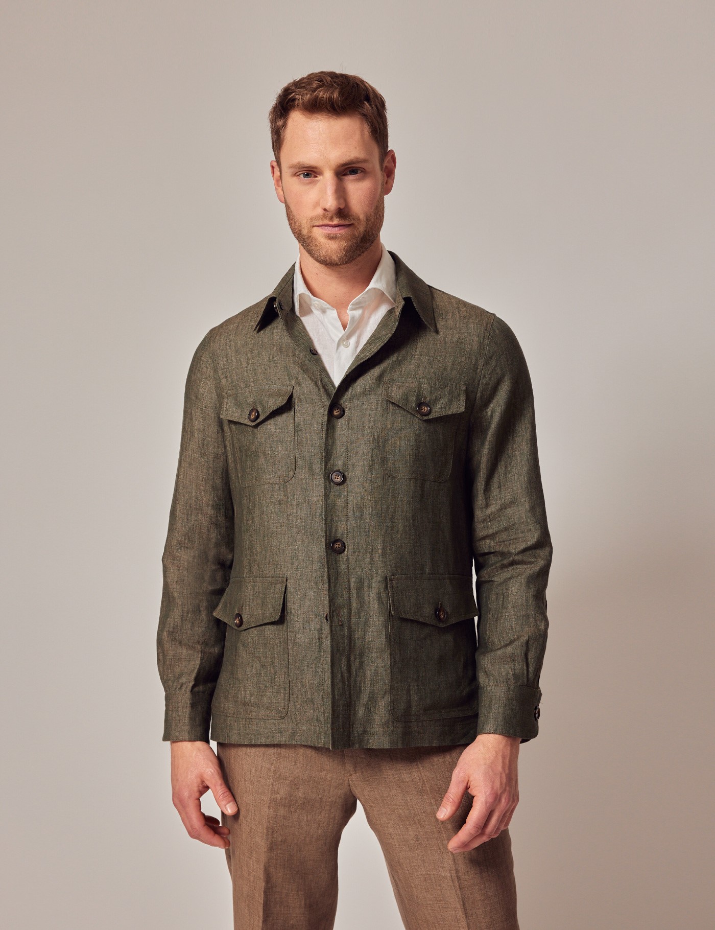 Men's Dark Green Linen Shirt Jacket 1913 Collection
