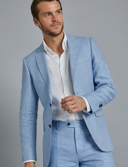 Men's Light Blue Herringbone Linen Tailored Fit Italian Suit Jacket- 1913 Collection