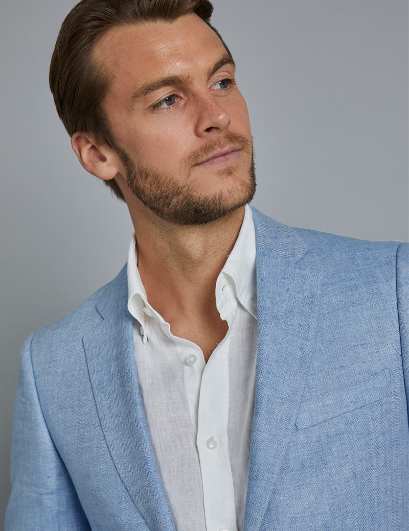 Men S Light Blue Herringbone Linen Tailored Fit Italian Suit