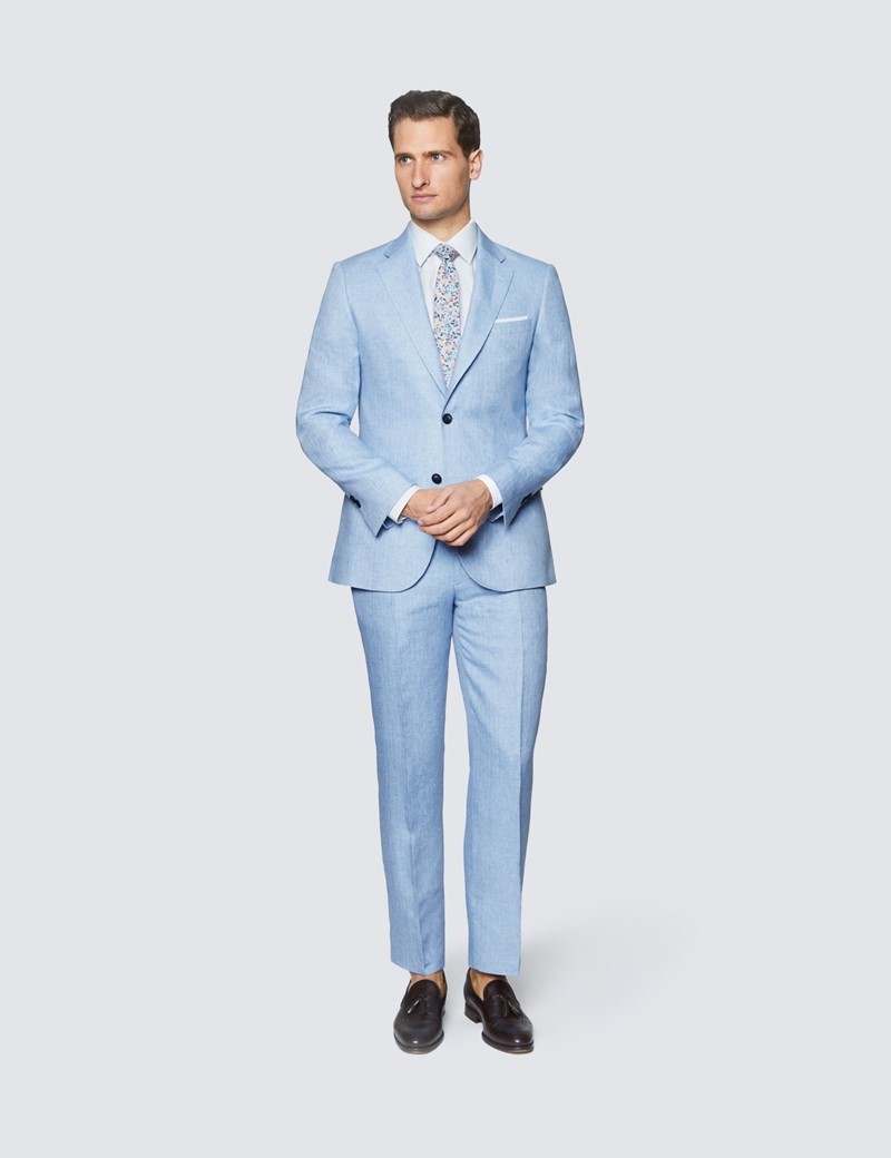 Men's Light Blue Herringbone Linen Tailored Fit Italian Suit - 1913 Collection 