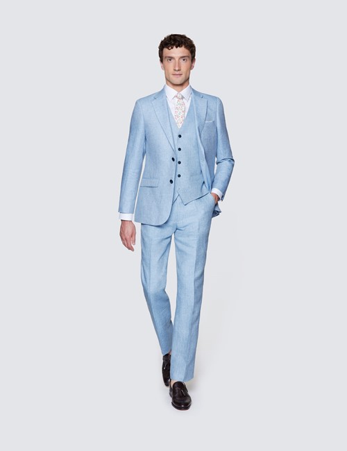 Light Blue Herringbone Linen 3 Piece Tailored Italian Suit - 1913 Collection 
