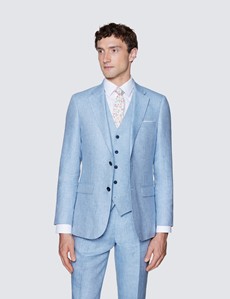 Men's Light Blue Herringbone Linen Tailored Fit Italian Suit - 1913 Collection 