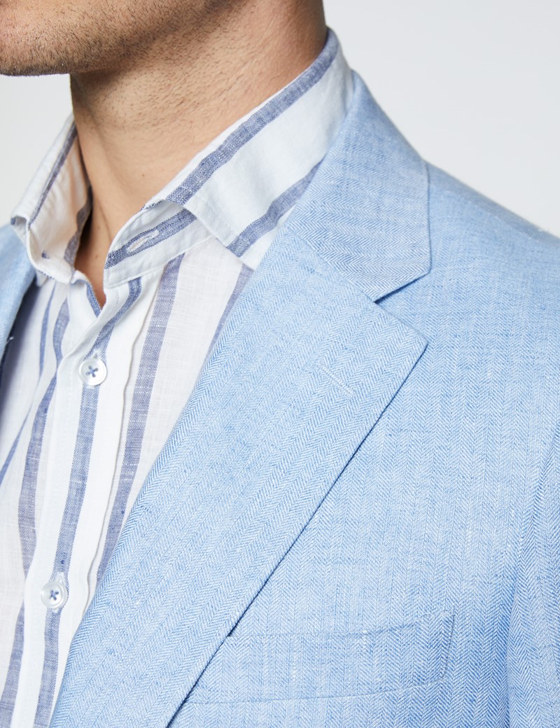 Men's Light Blue Herringbone Linen Tailored Fit Italian Suit - 1913 Collection