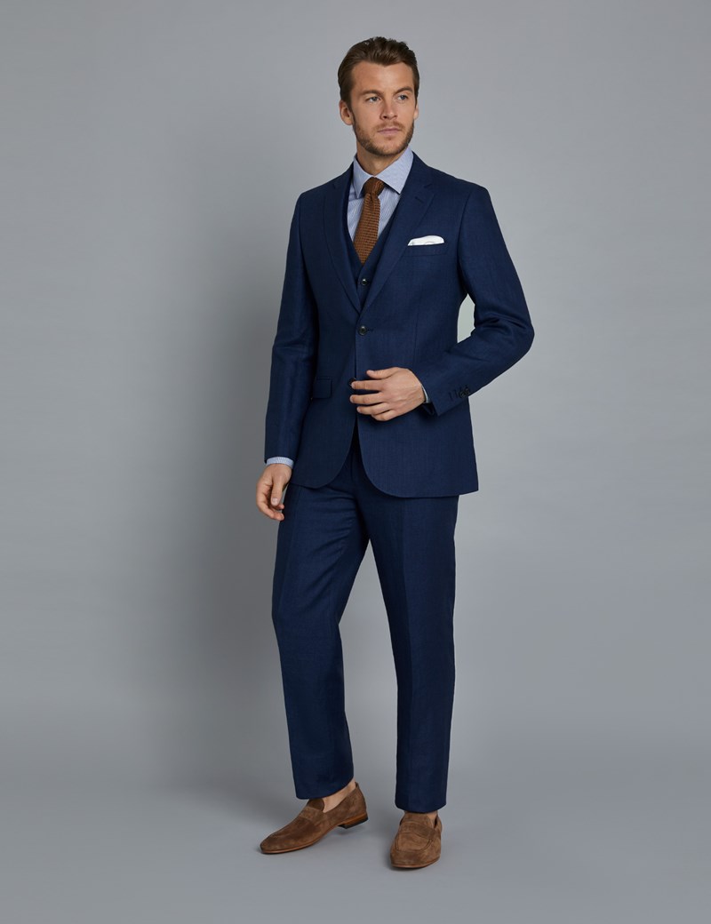 Men's Royal Blue Herringbone Linen Tailored Fit Italian ...