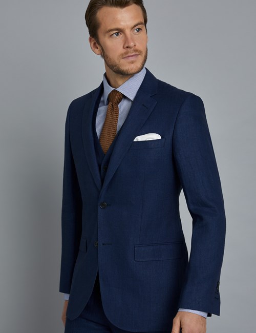 Anzugsakko - Tailored Fit - Fischgrat königsblau - 100% Leinen - 2-Knopf Einreiher - gefüttert - Seitenschlitze