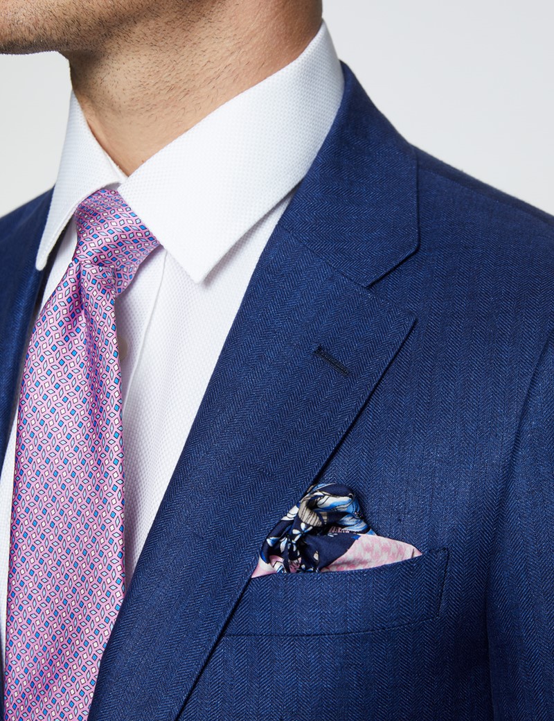 Men's Royal Blue Herringbone Linen Tailored Fit Italian Suit Jacket - 1913 Collection