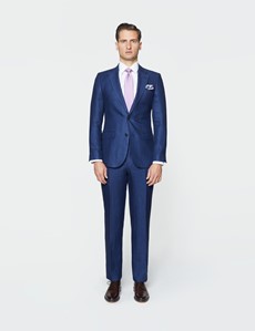 Men's Royal Blue Herringbone Linen Tailored Fit Italian Suit Jacket - 1913 Collection