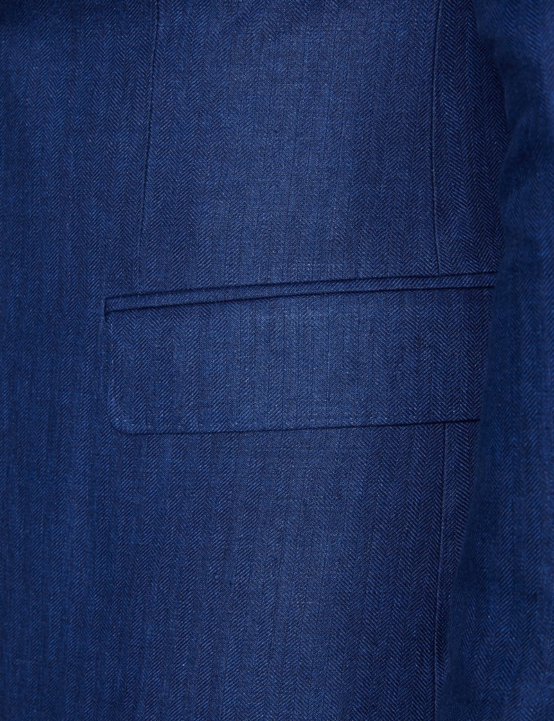 Men's Royal Blue Herringbone Linen 3 Piece Tailored Fit Italian Suit - 1913 Collection