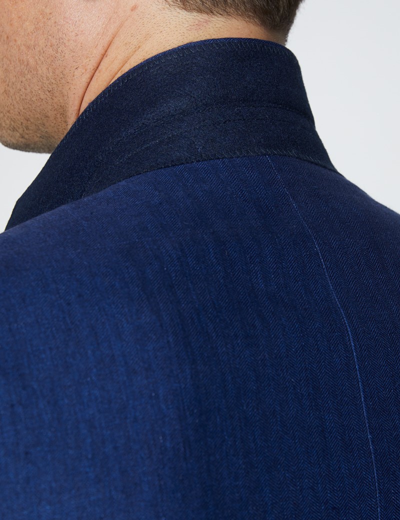 Men's Royal Blue Herringbone Linen 3 Piece Tailored Fit Italian Suit - 1913 Collection