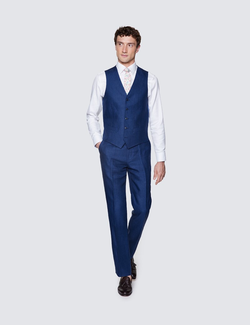 Men's Royal Blue Herringbone Linen Tailored Fit Italian Suit - 1913 Collection