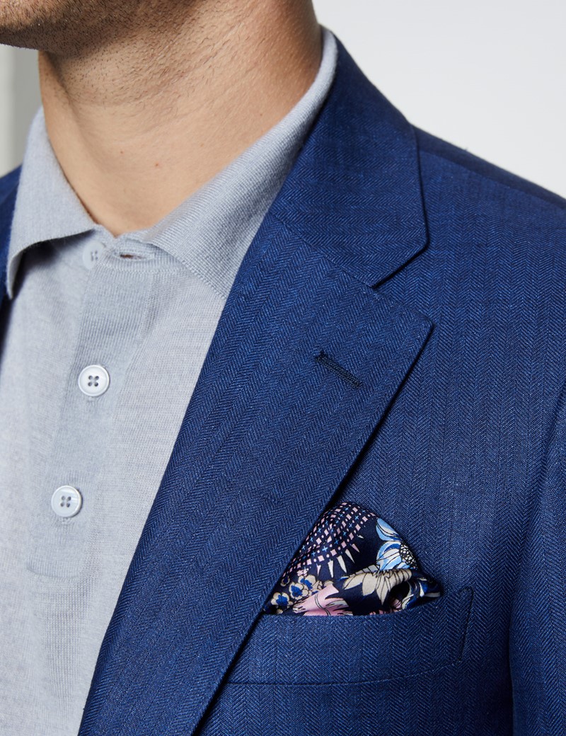 Men's Royal Blue Herringbone Linen Tailored Fit Italian Suit - 1913 Collection