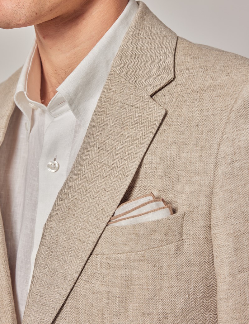 Beige Herringbone Linen Tailored Italian Suit Jacket - 1913 Collection