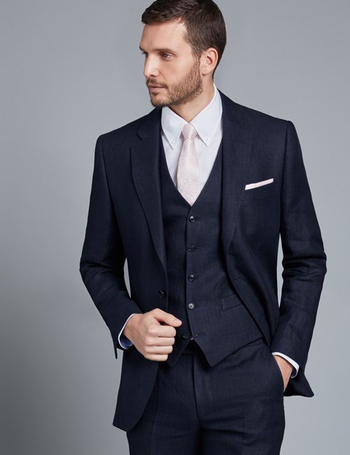 Anzugsakko - Tailored Fit - Fischgrat marineblau - 100% Leinen - 2-Knopf Einreiher - gefüttert - Seitenschlitze
