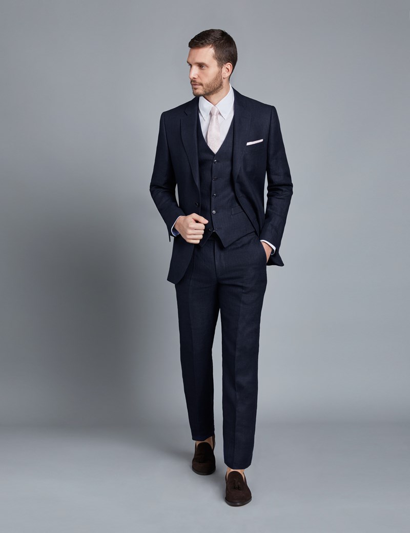 Men's Navy Herringbone Linen Tailored Fit Italian Suit ...