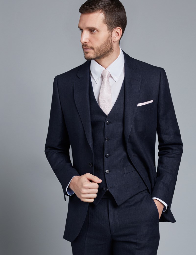 Men's Navy Herringbone Linen Tailored Fit Italian Suit ...