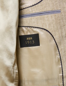Men's Beige Herringbone Linen Tailored Fit Italian Suit Jacket - 1913 Collection 