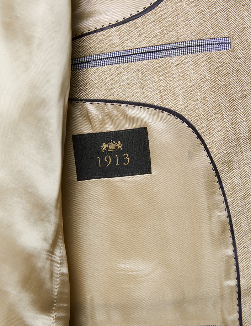 Men's Beige Herringbone Linen Tailored Fit Italian Suit - 1913 Collection