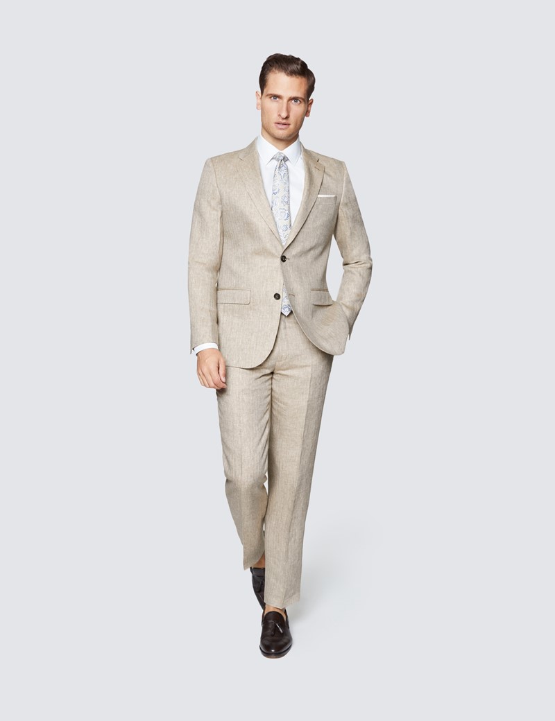 Men's Beige Herringbone Linen Tailored Fit Italian Suit - 1913 Collection