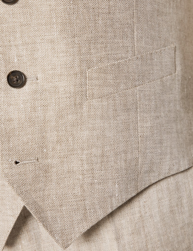 Men's Beige Herringbone Linen 3 Piece Tailored Fit Italian Suit - 1913 Collection