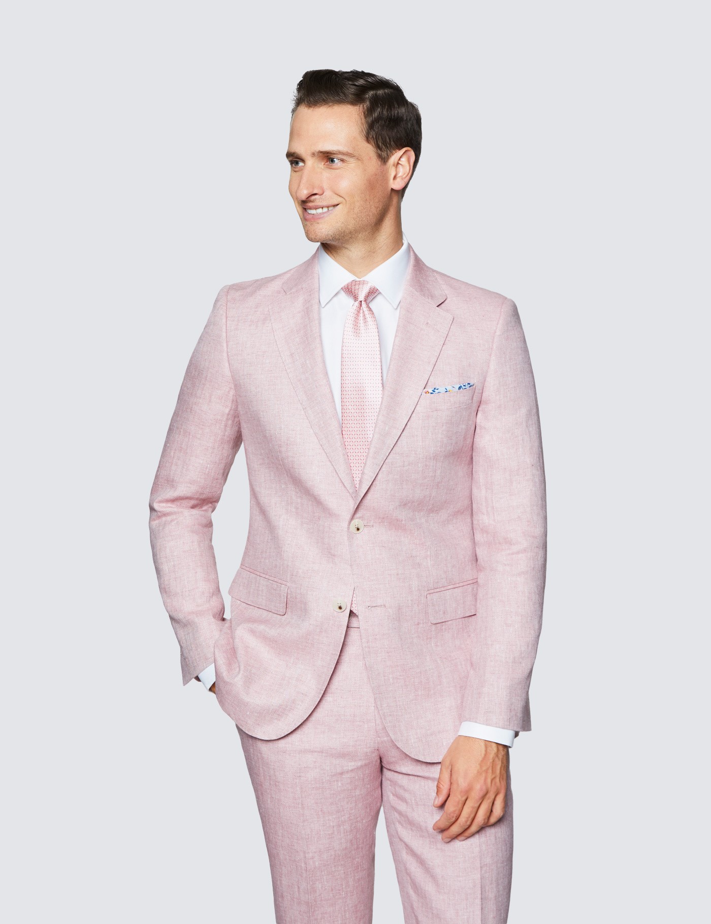 Mens Pink Herringbone Linen Tailored Fit Italian Suit Jacket - 1913 