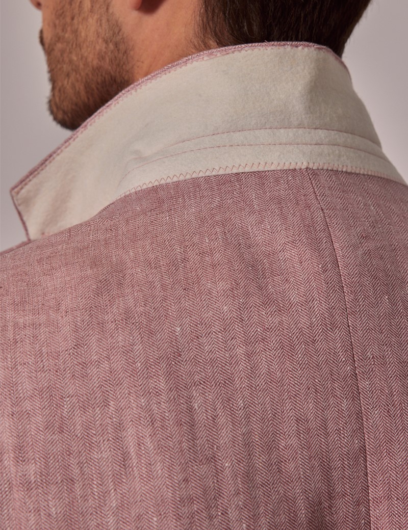 Men's Pink Herringbone Linen Tailored Fit Italian Suit Jacket