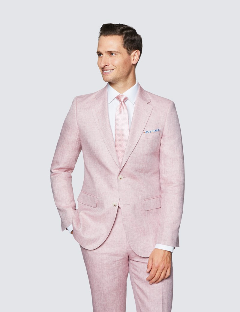 Men's Pink Herringbone Linen Tailored Fit Italian Suit - 1913 Collection