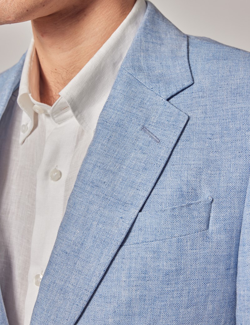 Hawes & Curtis Men's Light Blue Herringbone Linen Tailored Fit Italian Suit Jacket- 1913 Collection Size 48 (EU 58)