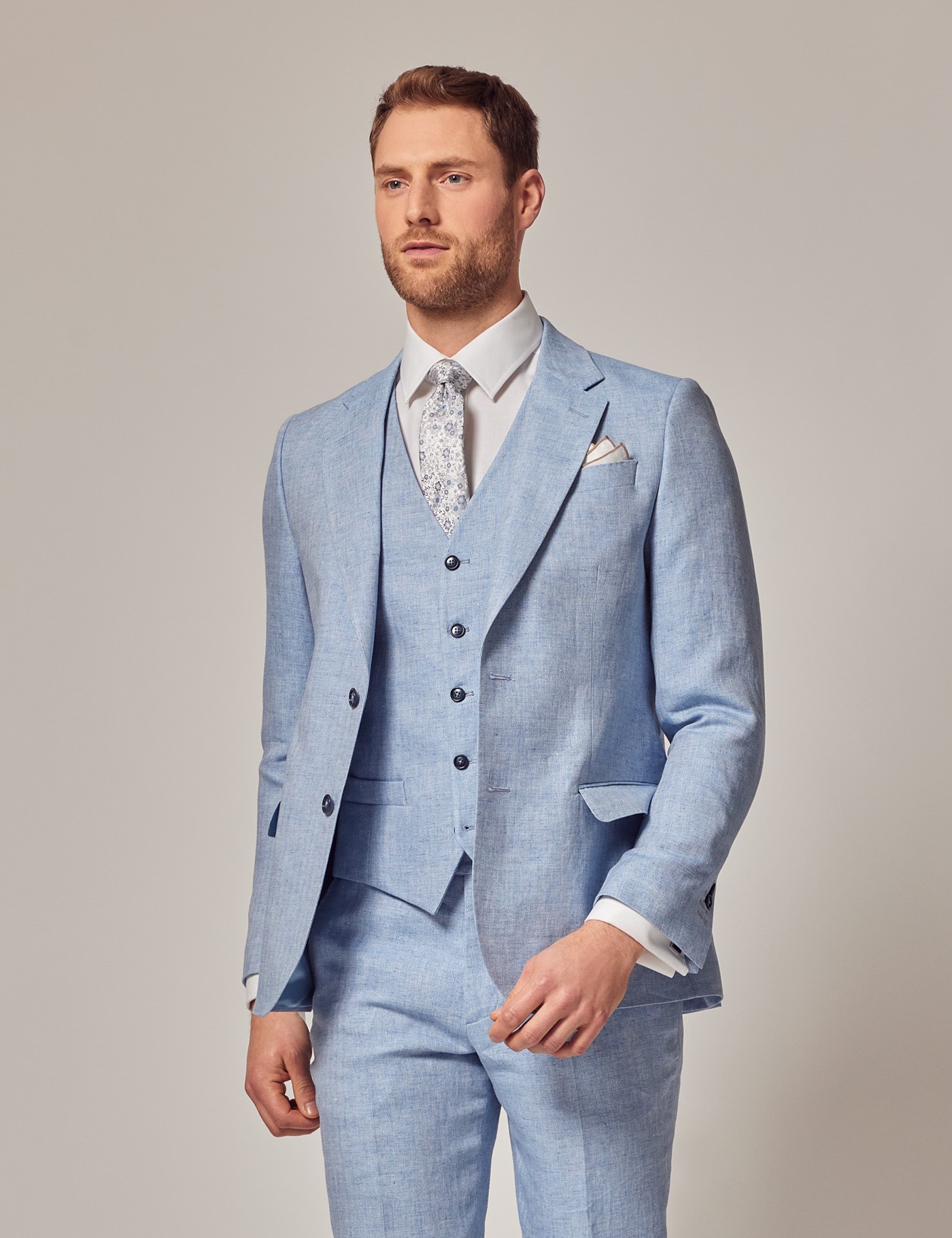 Light Blue Herringbone Linen 3 Piece Tailored Italian Suit - 1913 ...