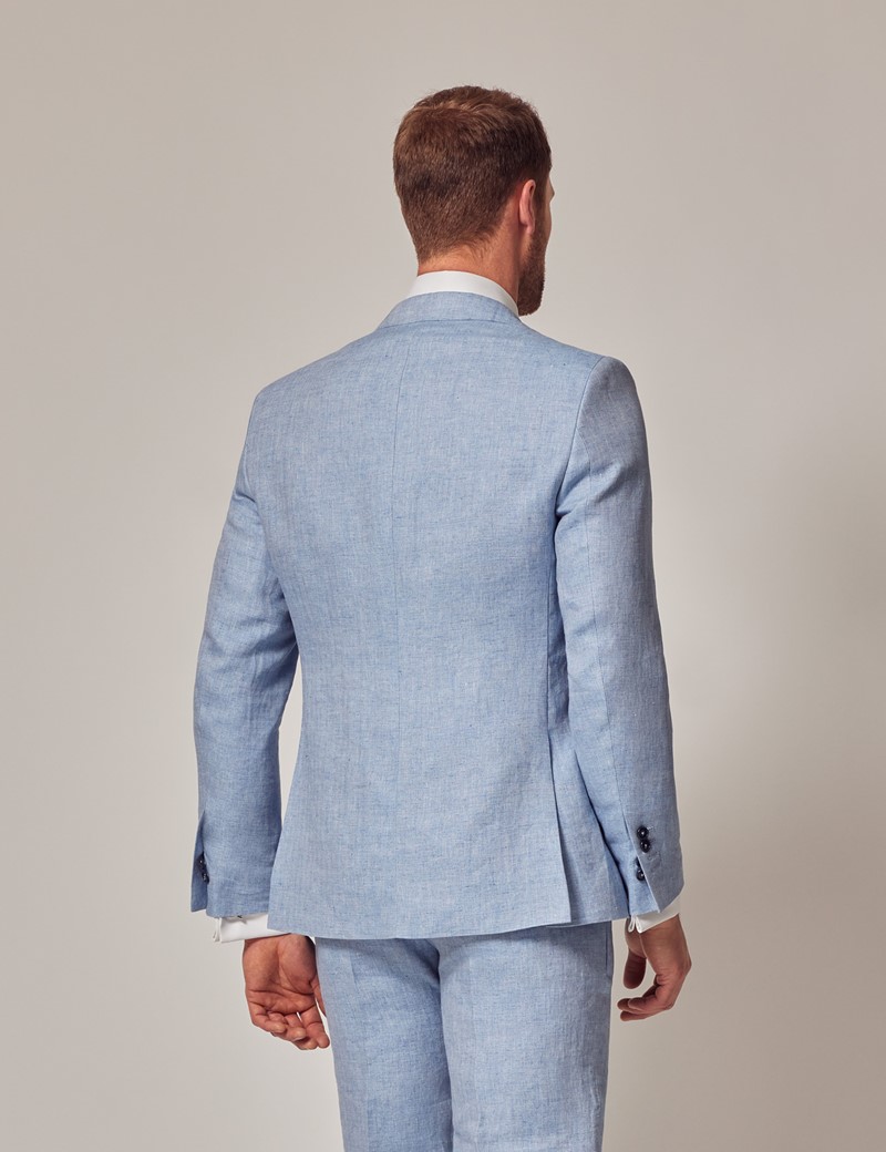 Light Blue Herringbone Linen 3 Piece Tailored Italian Suit - 1913