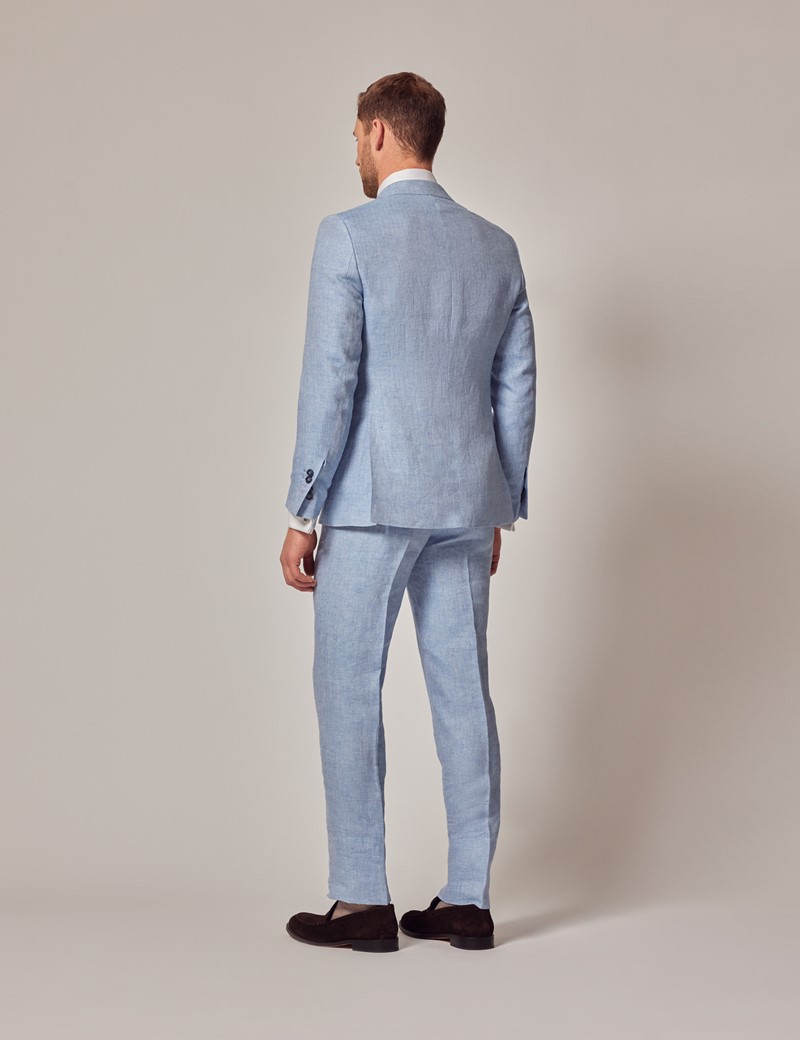 Light Blue Herringbone Weave Linen 3 Piece Tailored Italian Suit - 1913  Collection