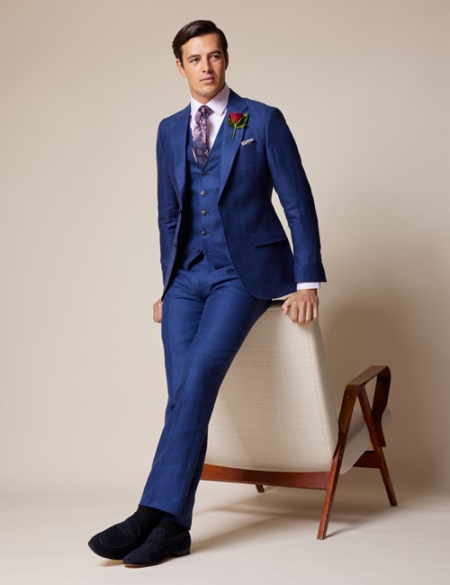 Men's Royal Blue Italian Cotton Linen Slim Suit Pants - 1913 Collection