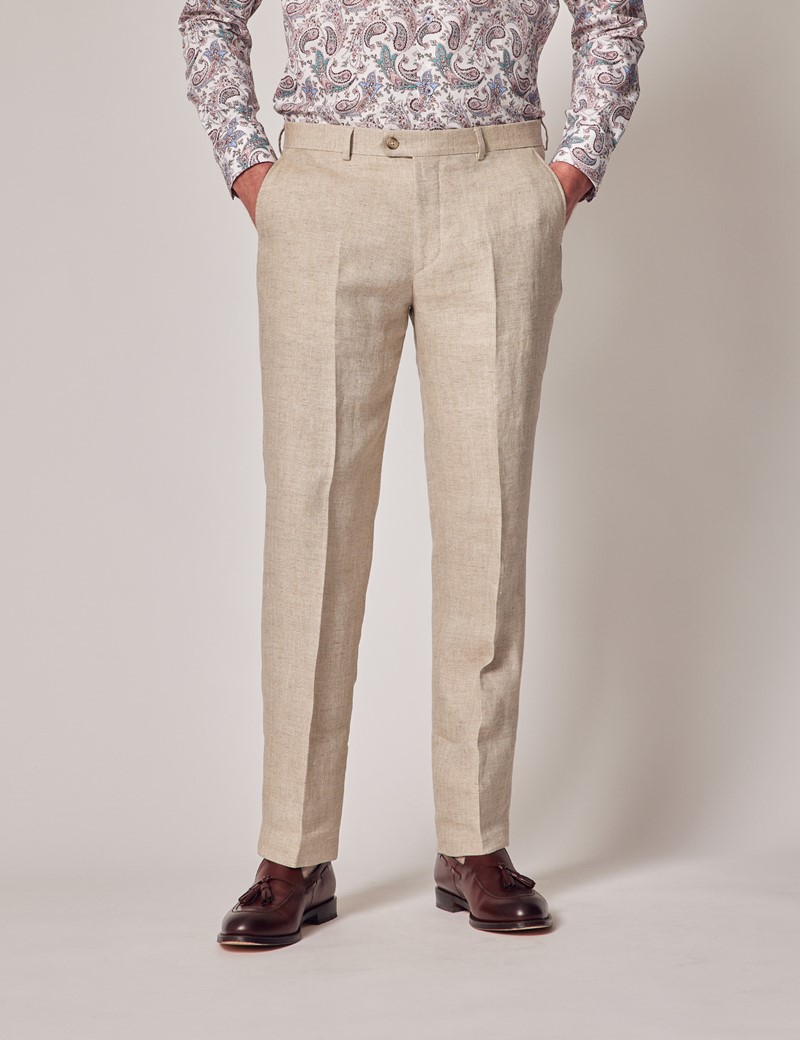 Men's Natural Herringbone 3 Piece Linen Tailored Fit Italian Suit