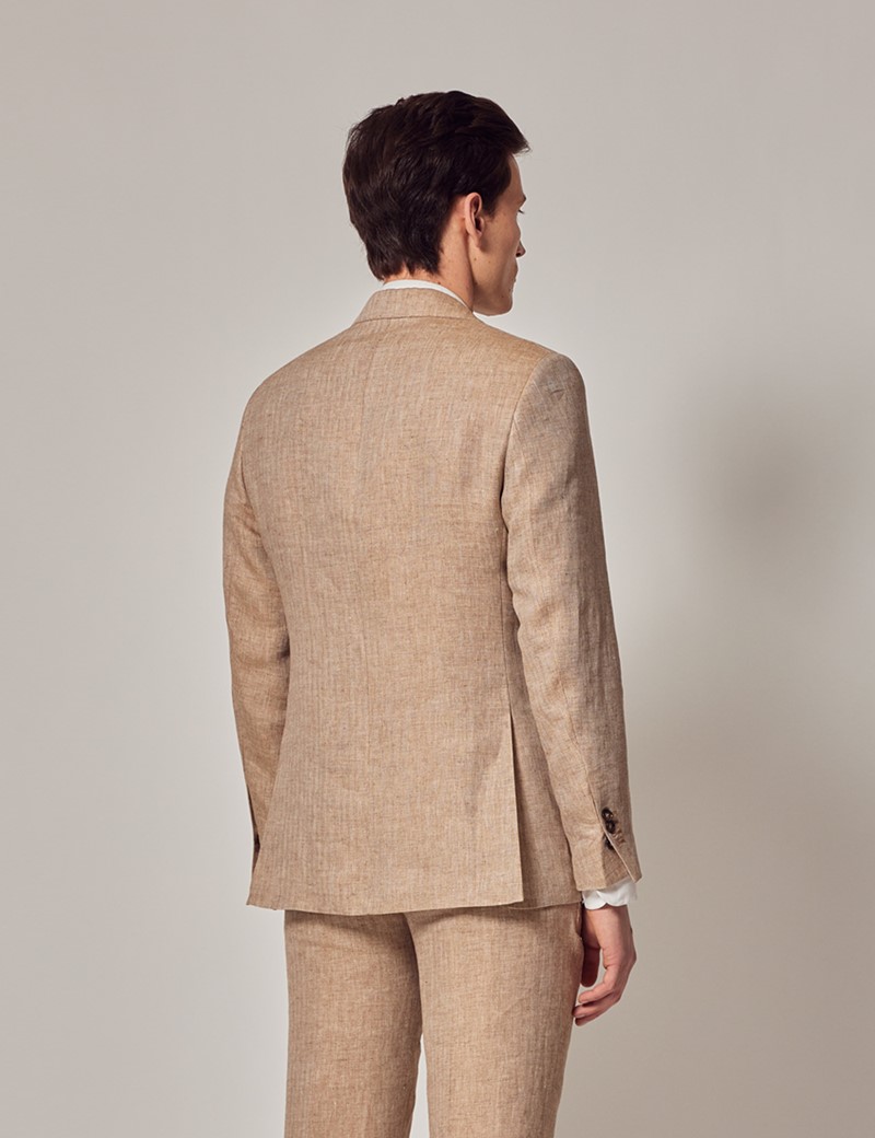 Men's Beige Herringbone Weave Linen 3 Piece Tailored Fit Italian