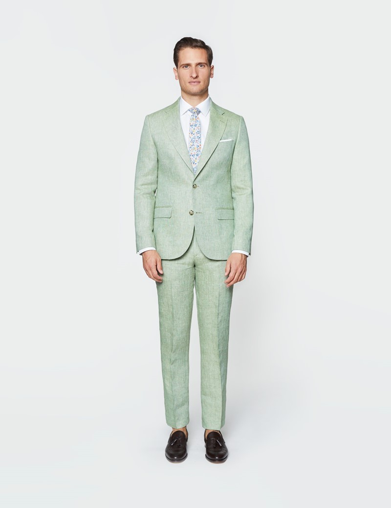 Men's Green Semi Plain Linen Tailored Fit Italian Suit Jacket - 1913 Collection