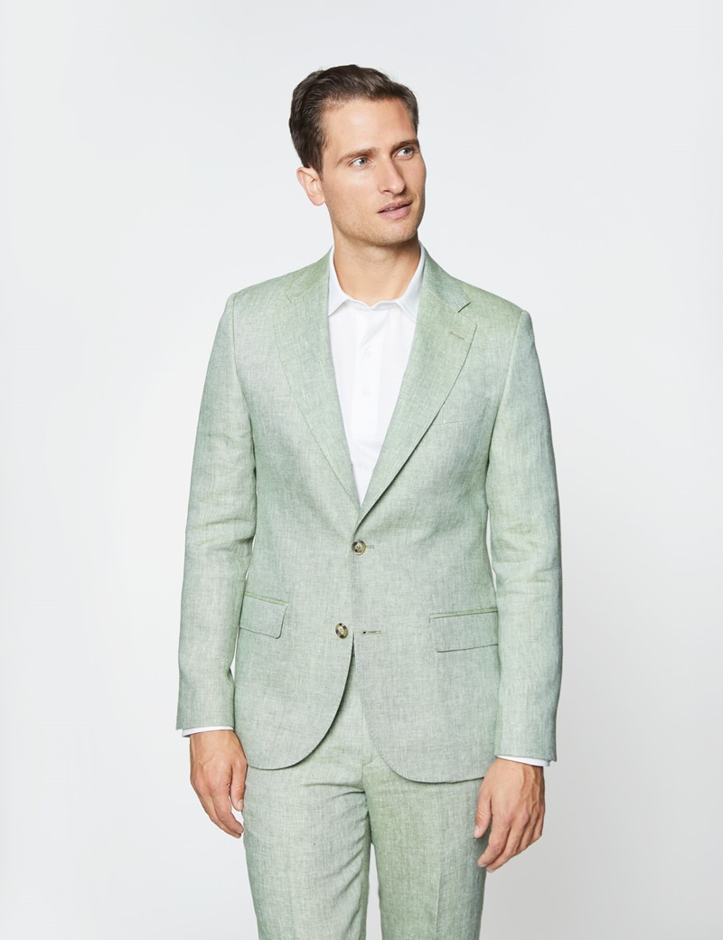 Men's Green Semi Plain Linen Tailored Fit Italian Suit Jacket - 1913  Collection | Hawes & Curtis