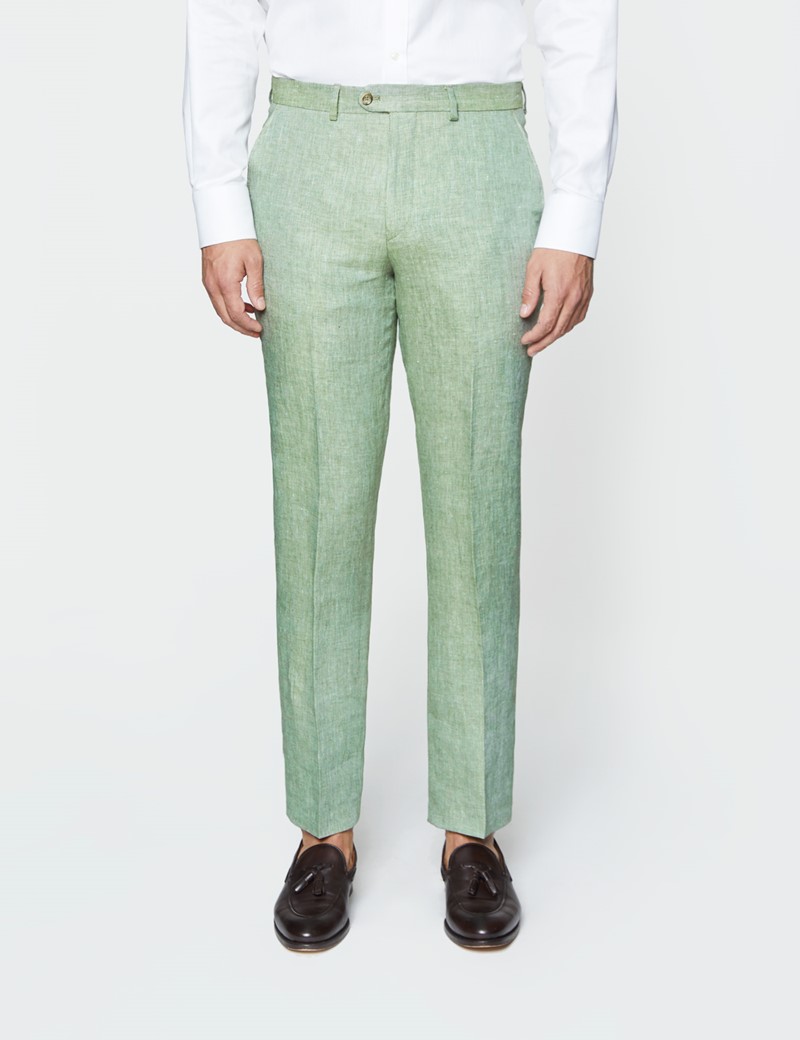 Men's Green Semi Plain Linen Tailored Fit Italian Suit - 1913 Collection