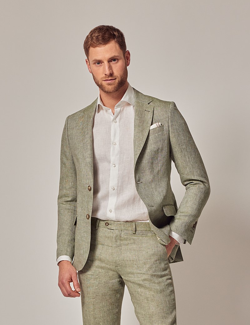 Men's Green Semi Plain Linen Tailored Fit Italian Suit - 1913