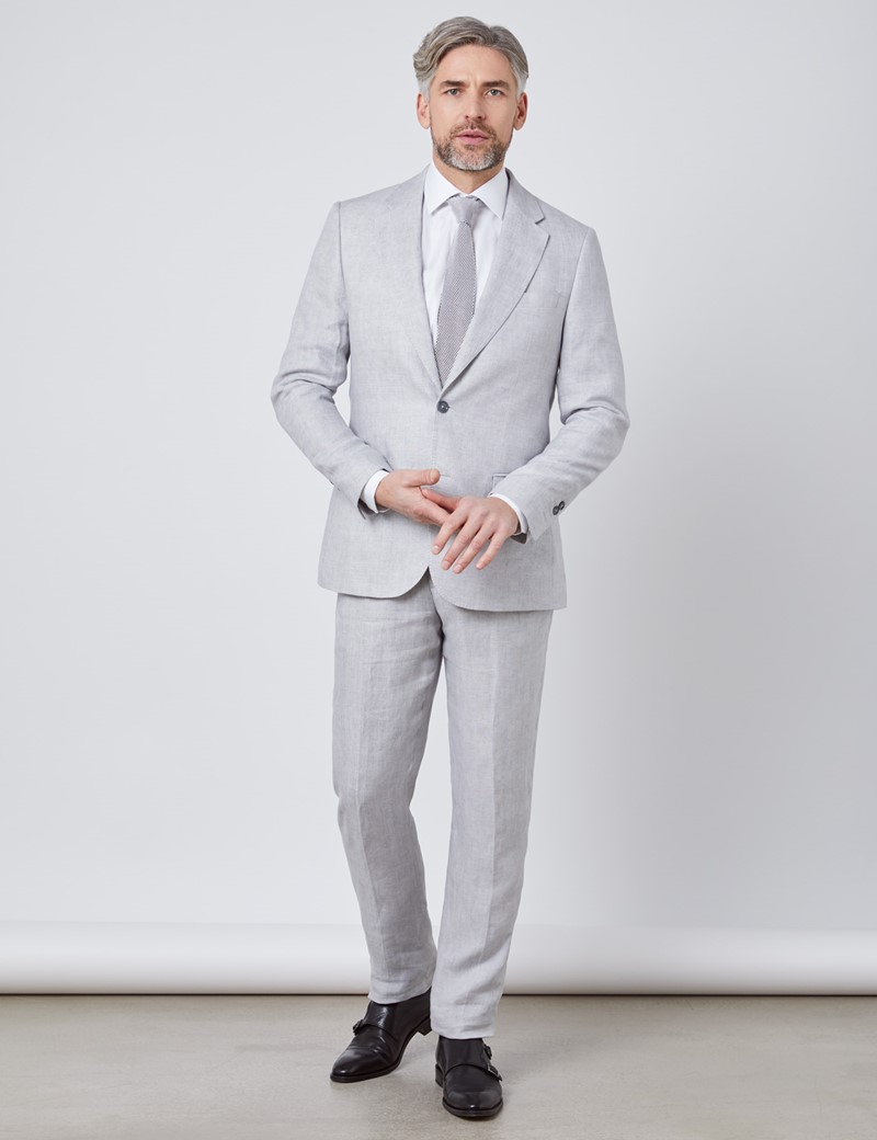 Men's Grey Semi Plain Linen Tailored Fit Italian Suit - 1913 Collection ...