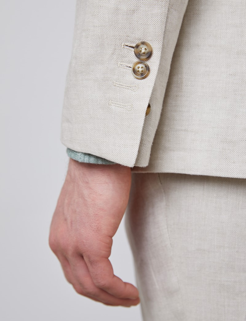 Men's Cream Double Breasted Plain Linen Tailored Fit Suit Jacket