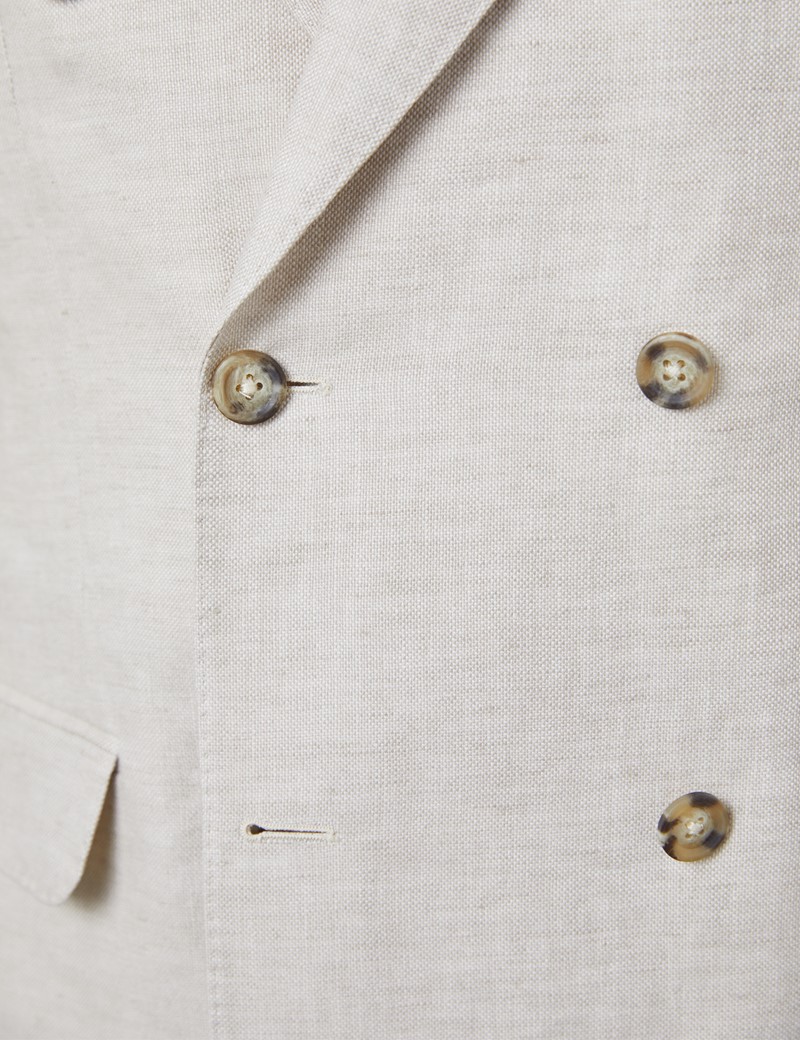 Men's Cream Double Breasted Plain Linen Tailored Fit Suit Jacket ...