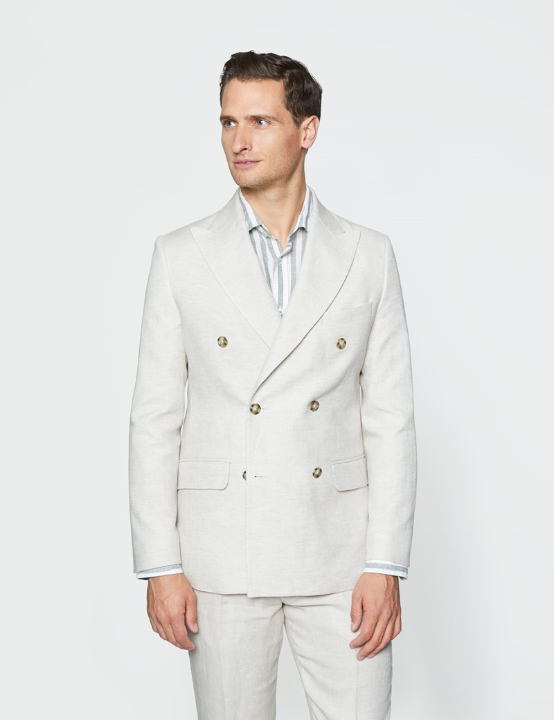 Men's Cream Double Breasted Plain Linen Tailored Fit Suit Jacket ...