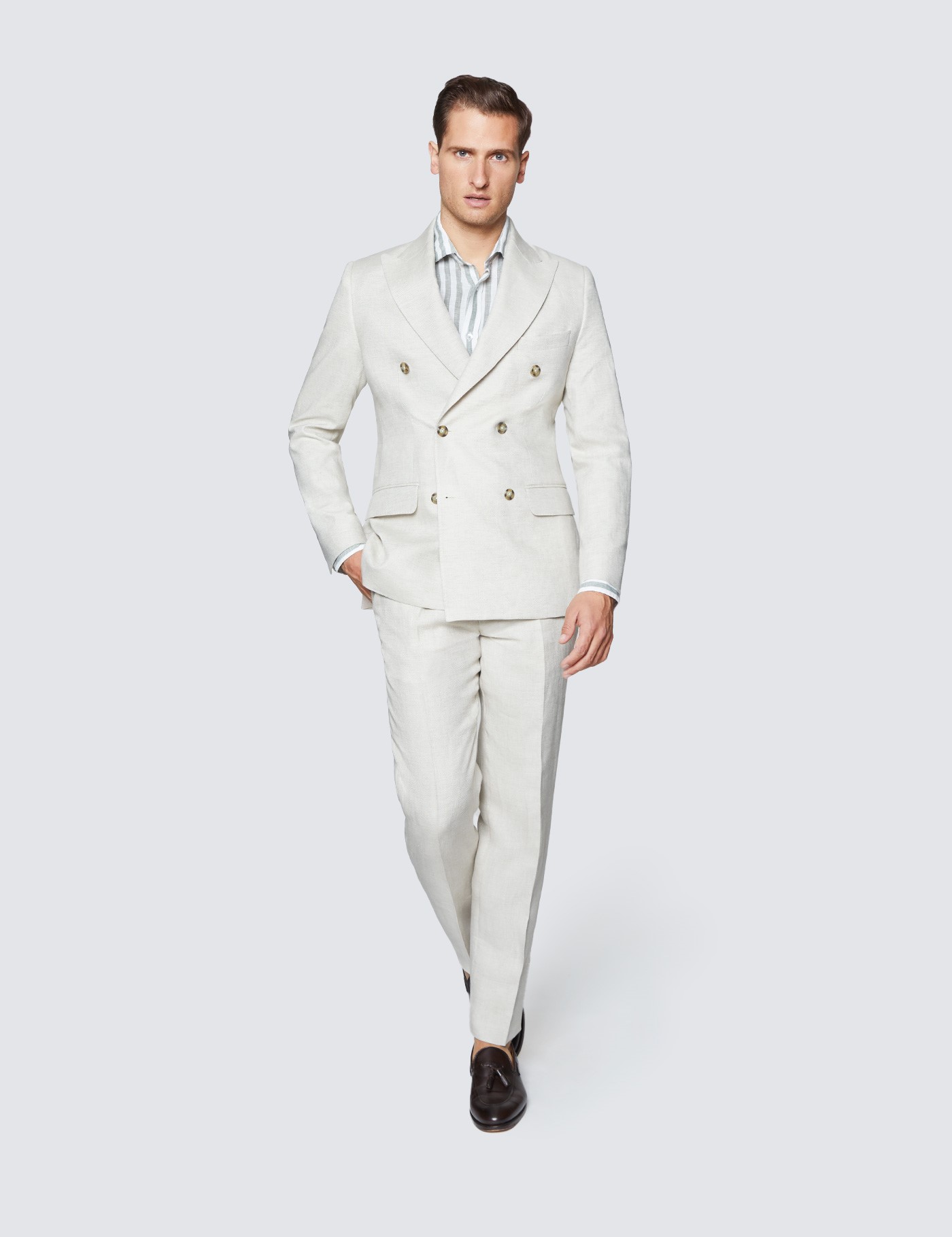 Men's Cream Double Breasted Plain Linen Tailored Fit Suit Hawes & Curtis