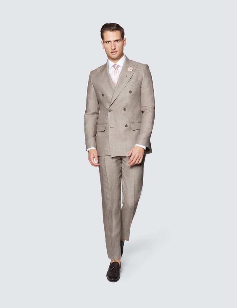 Men's Brown Semi Plain Linen Tailored Fit Double Breasted Italian Suit Jacket - 1913 Collection