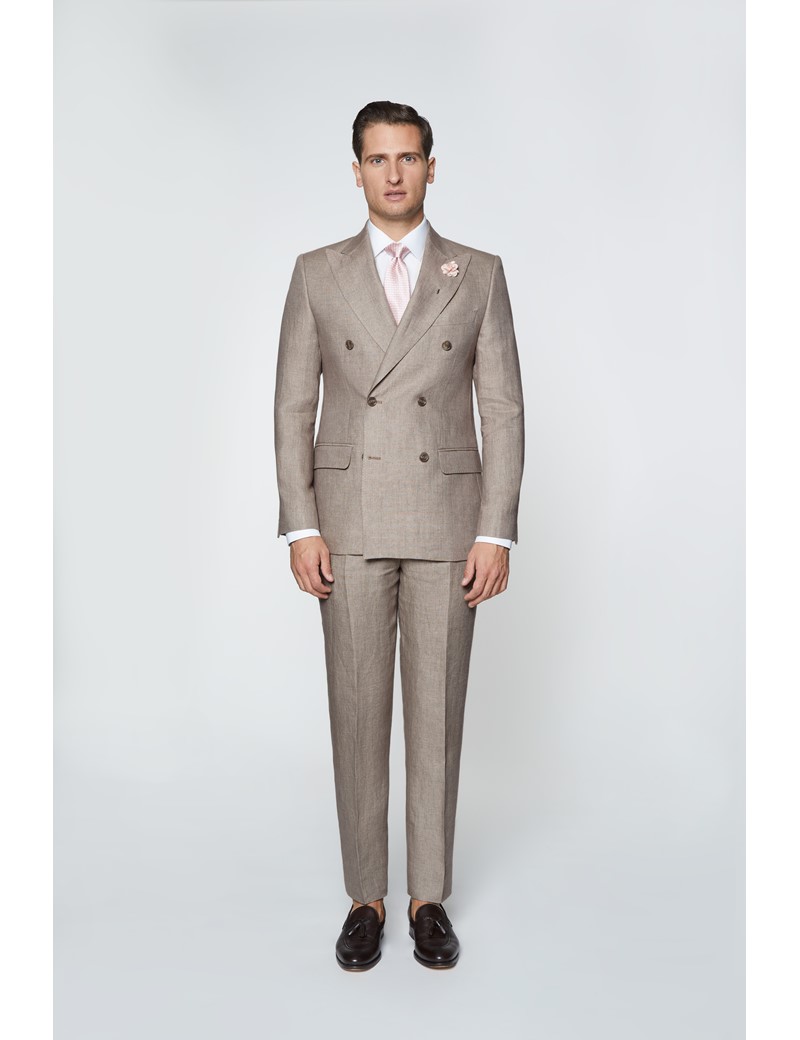 Men's Brown Semi Plain Linen Tailored Fit Double Breasted Italian Suit Jacket - 1913 Collection