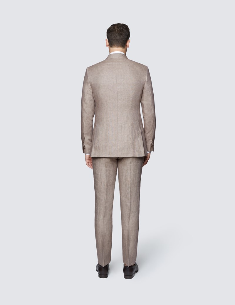 Men's Brown Semi Plain Linen Tailored Fit Double Breasted Italian Suit Jacket - 1913 Collection