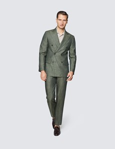 Men's Dark Green Semi Plain Linen Tailored Fit Double Breasted Italian Suit Jacket - 1913 Collection