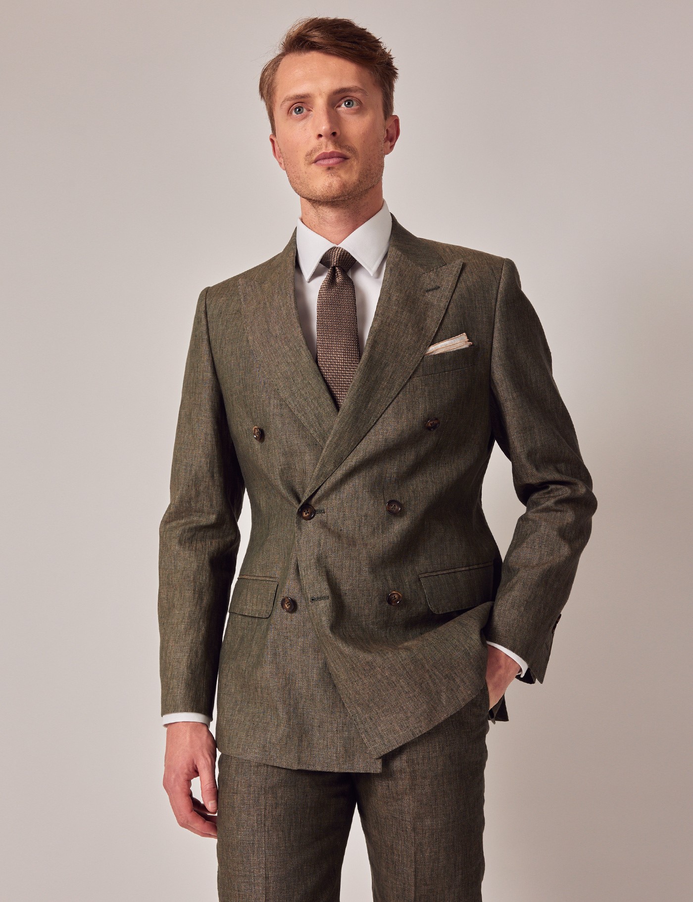 Dark Green Linen Tailored Double Breasted Italian Suit Jacket - 1913  Collection